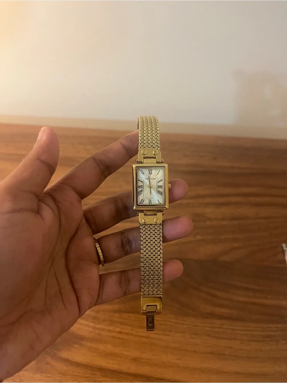 Anne Klein Gold-Tone Rectangular Mesh Bracelet Watch